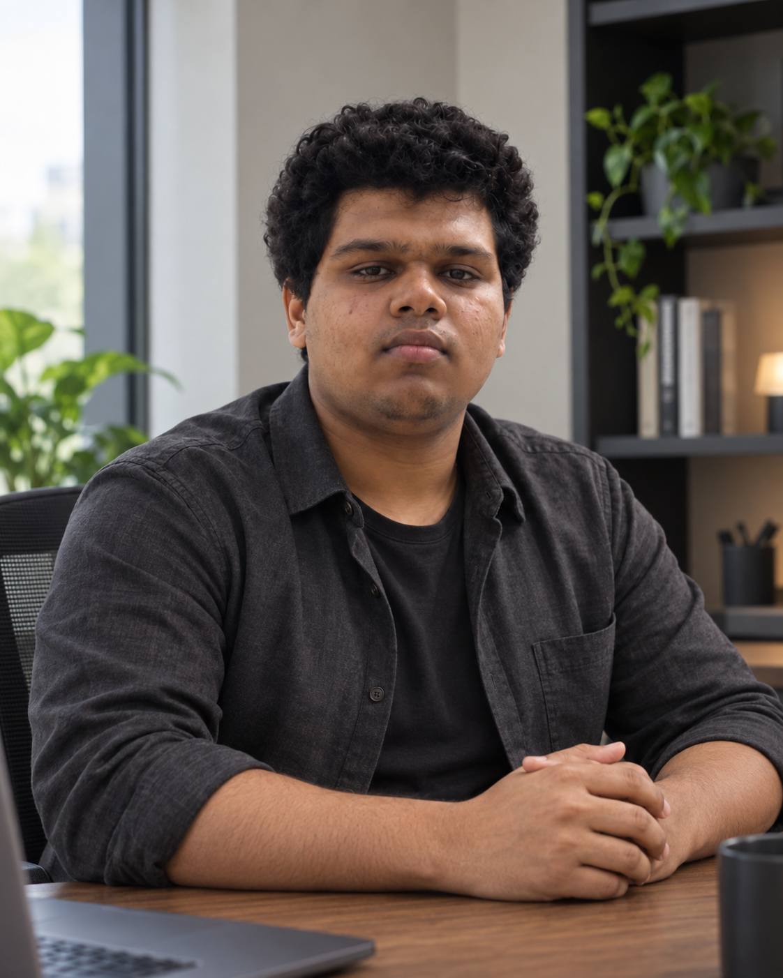 Conceptual portrait of Yethikrishna R, founder of Mynd Labs, seated in an office setting.
