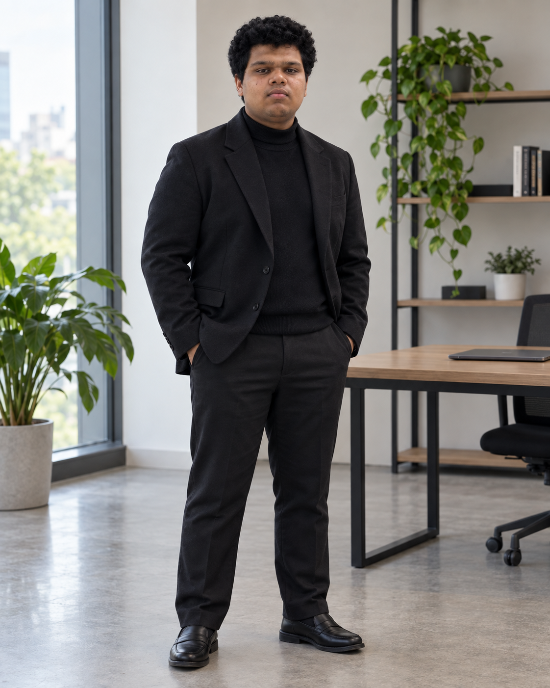 Conceptual full-length portrait of Yethikrishna R as founder of Mynd Labs in an office setting.