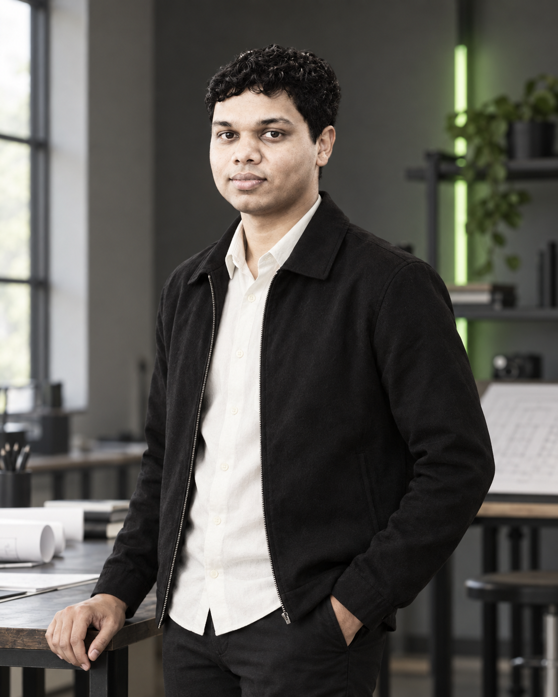 Conceptual portrait of Yethikrishna R as founder of Mynd Labs, in a studio setting.