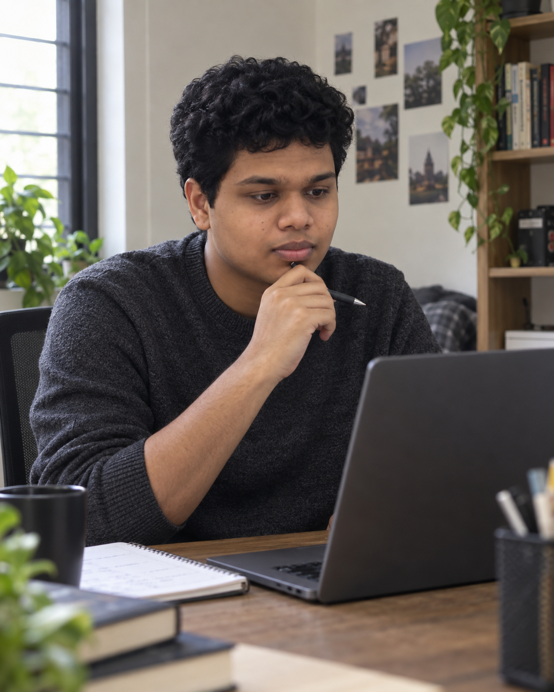 Conceptual portrait of Yethikrishna R reviewing code in a quiet workspace.