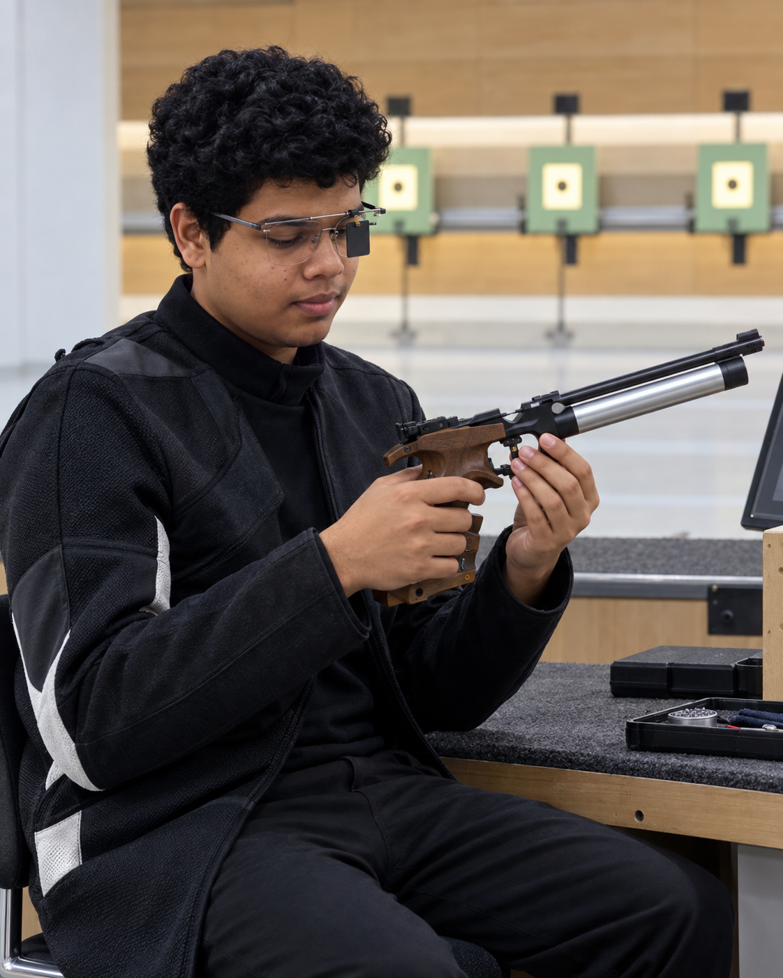 Conceptual portrait of Yethikrishna R checking air-pistol equipment at a range.