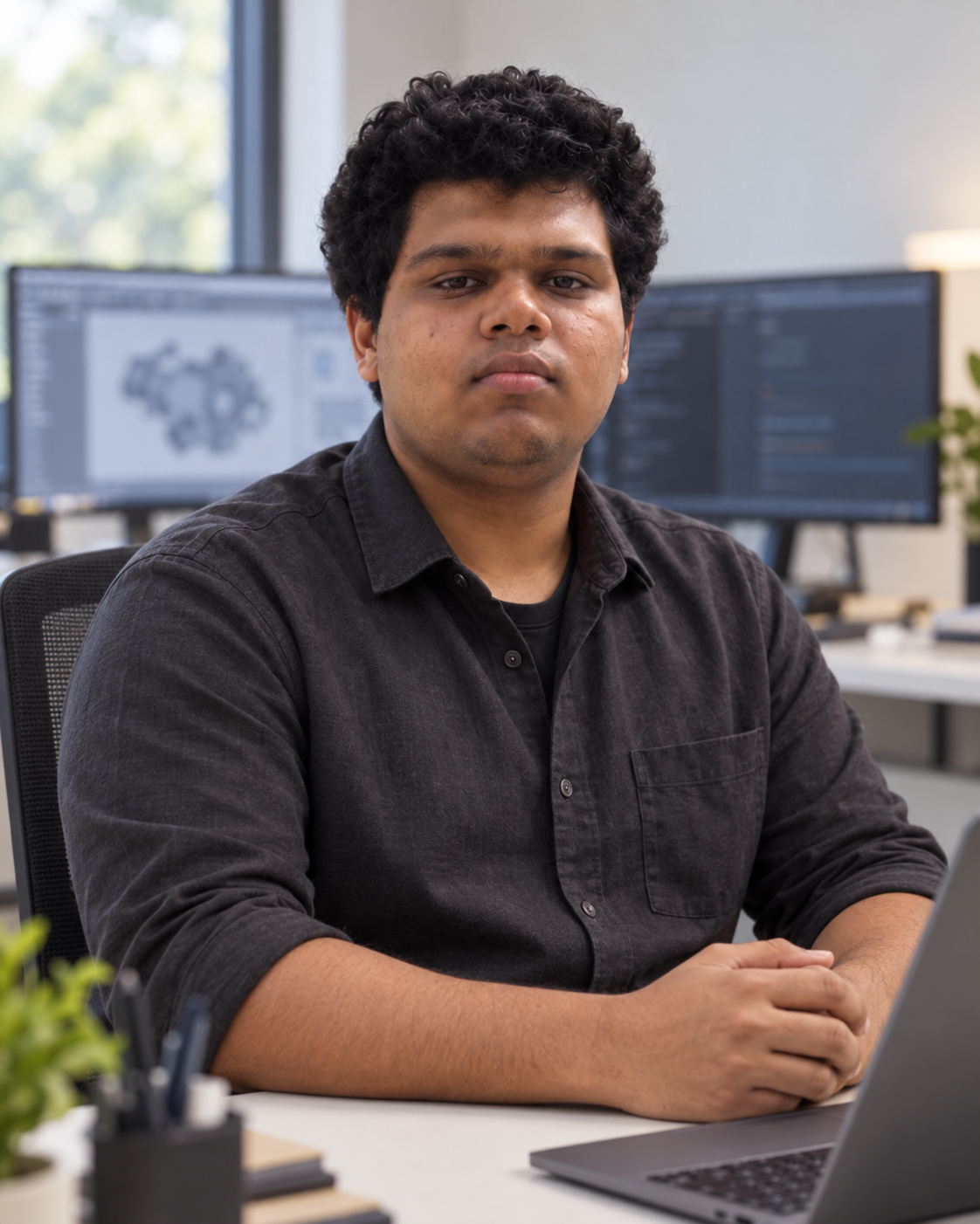 Conceptual portrait of Yethikrishna R as an AI and systems engineer at a workspace.