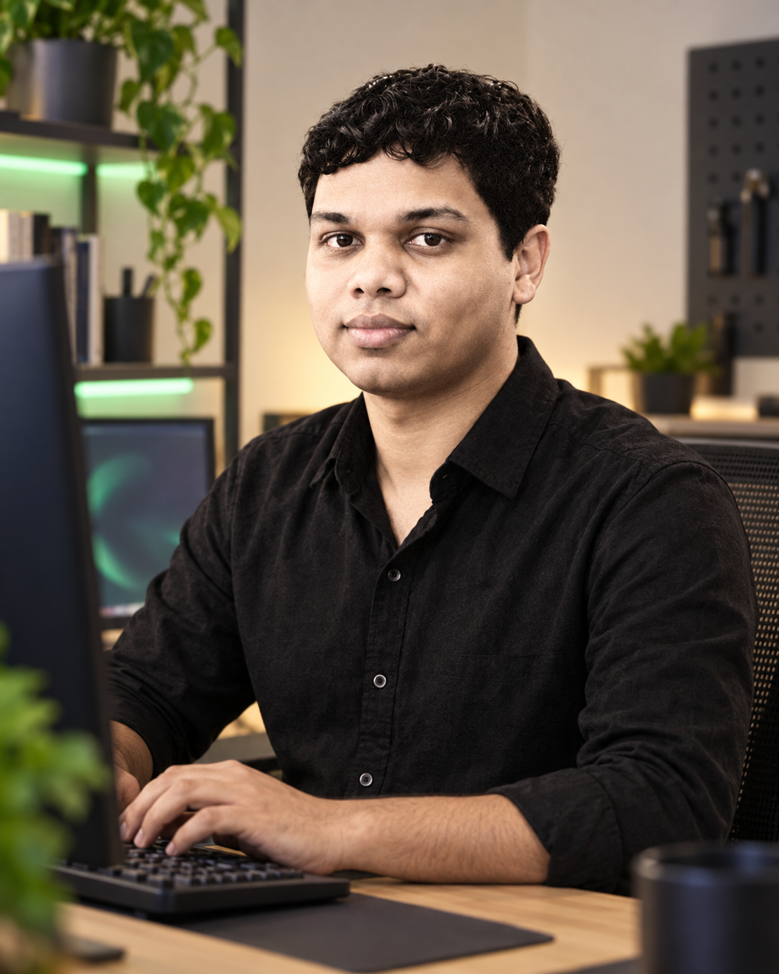 Conceptual portrait of Yethikrishna R as an AI and systems engineer in a workspace setting.