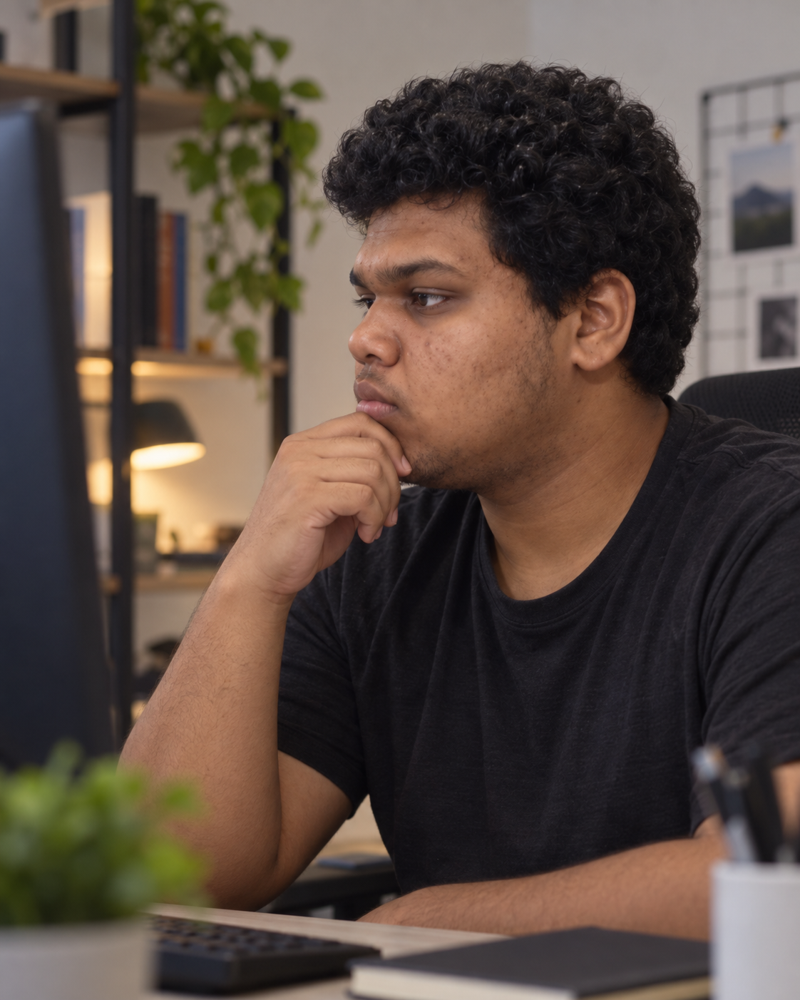 Conceptual side-profile portrait of Yethikrishna R as an engineer at a workspace.