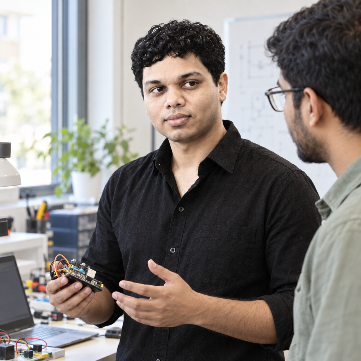Conceptual portrait of Yethikrishna R reviewing an engineering prototype.