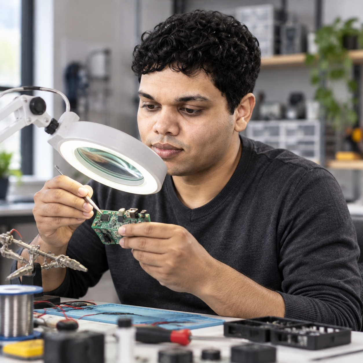 Conceptual portrait of Yethikrishna R working at a soldering bench.