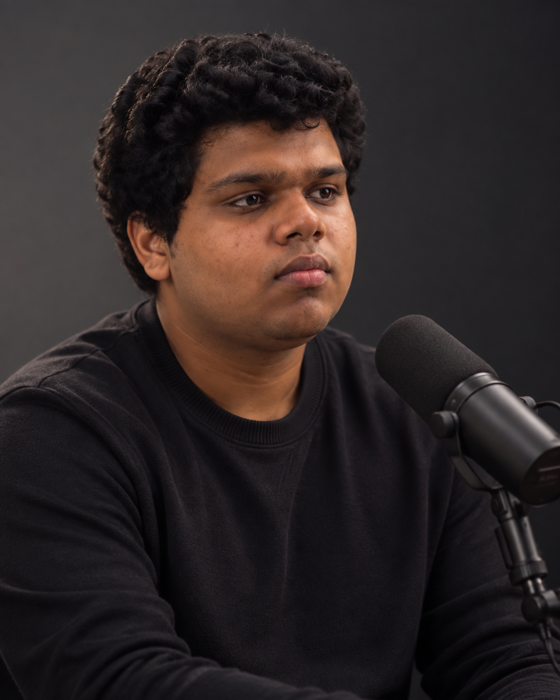 Conceptual portrait of recording artist Yethikrishna R beside a studio microphone.