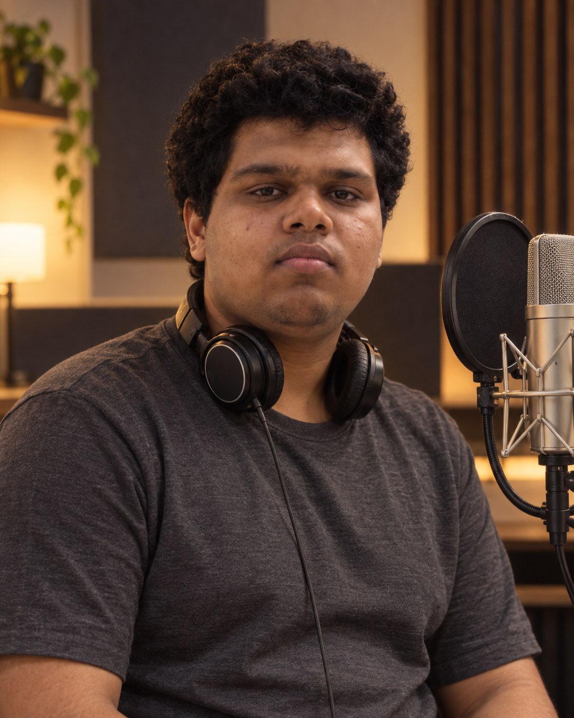 Conceptual portrait of Yethikrishna R as a recording artist beside a studio microphone.