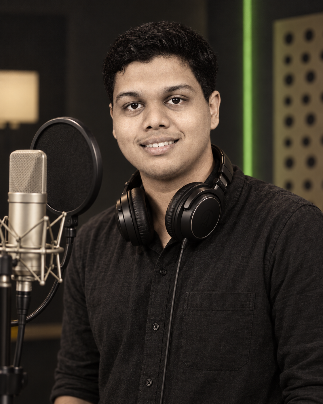 Conceptual portrait of Yethikrishna R as a recording artist in a music studio setting.