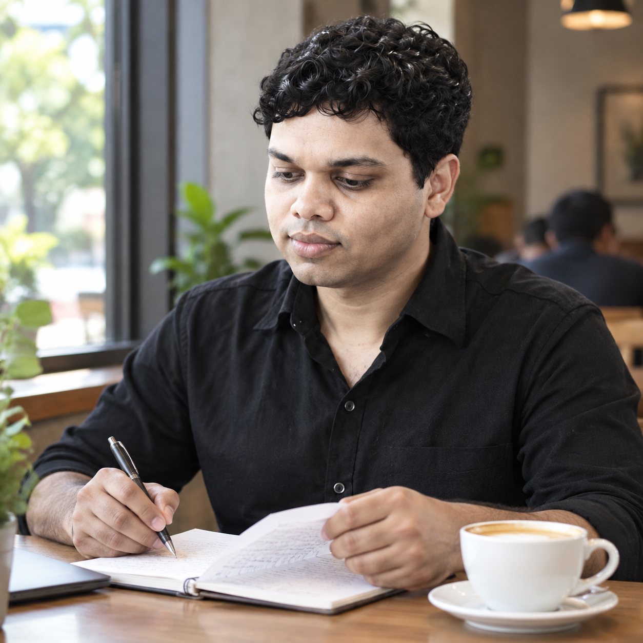 Conceptual portrait of Yethikrishna R reading notes in a cafe.