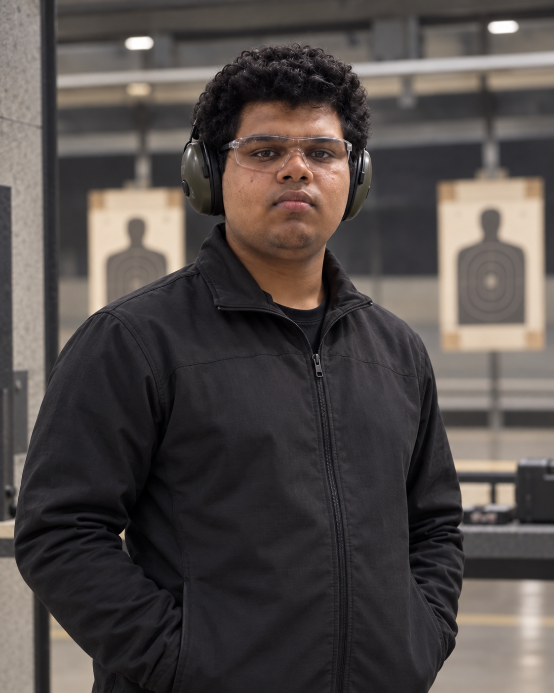 Conceptual portrait of Yethikrishna R as a competitive pistol shooter at a practice range.