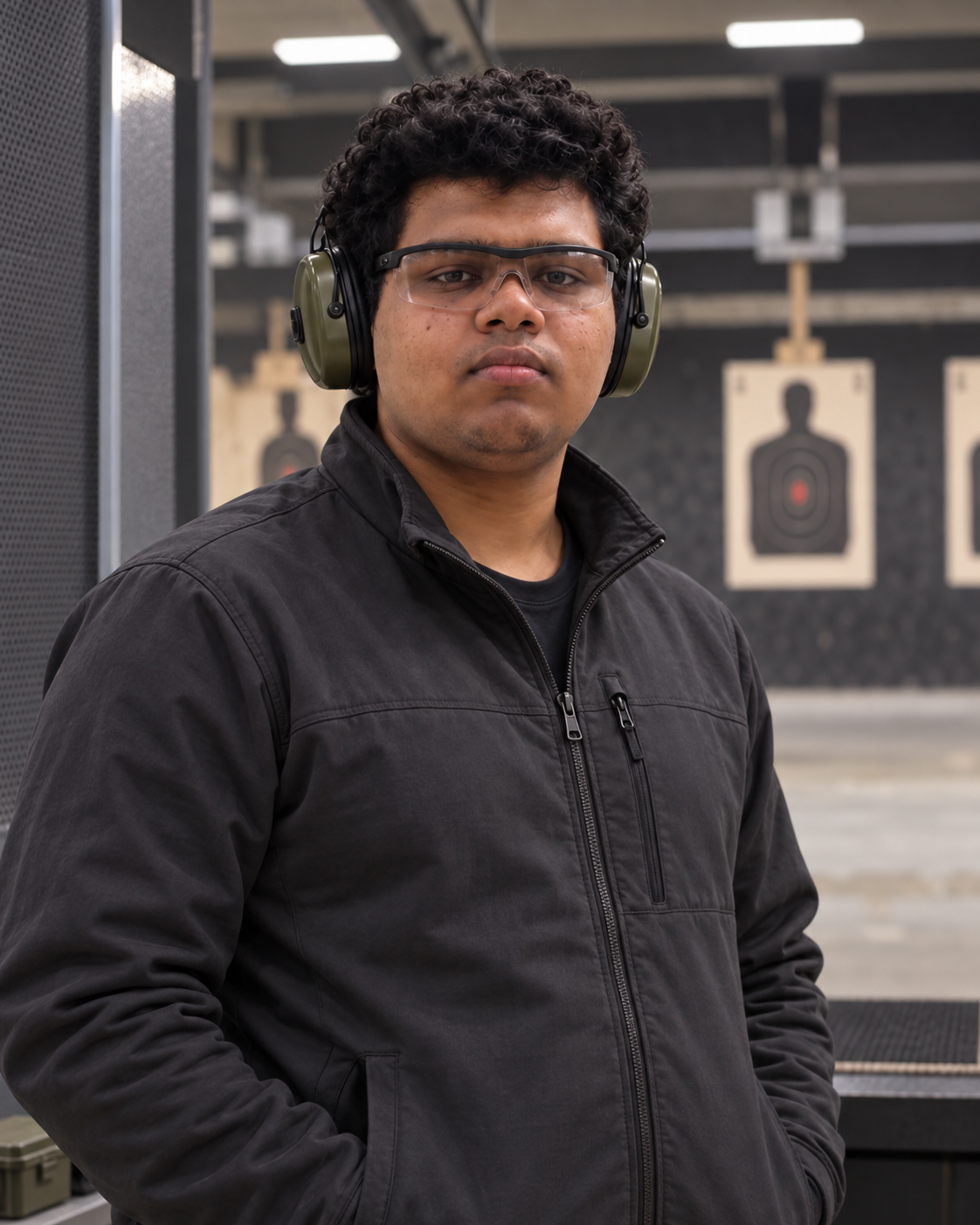 Conceptual portrait of competitive pistol shooter Yethikrishna R in a generic practice-range setting.