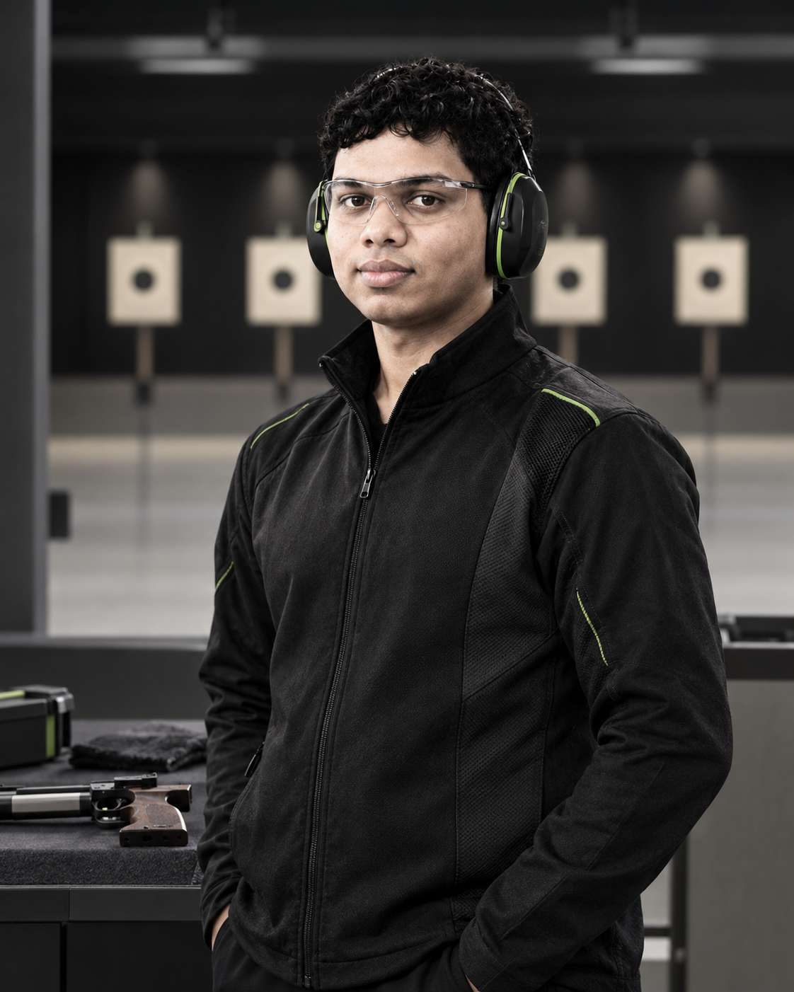 Conceptual portrait of Yethikrishna R as a competitive pistol shooter in a sport-shooting setting.