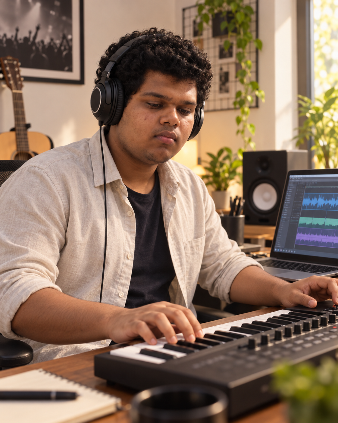 Conceptual portrait of recording artist Yethikrishna R at a keyboard in a music production setting.