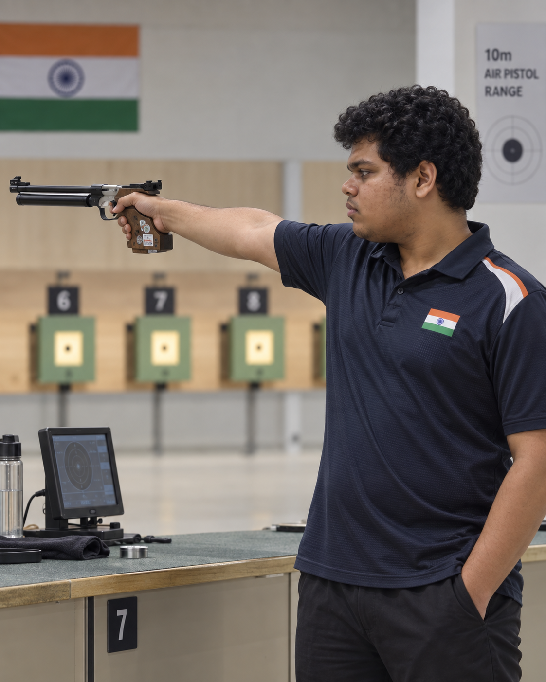 Conceptual side-view portrait of Yethikrishna R, Olympic shooter from India, in a 10m air pistol stance at a generic range.