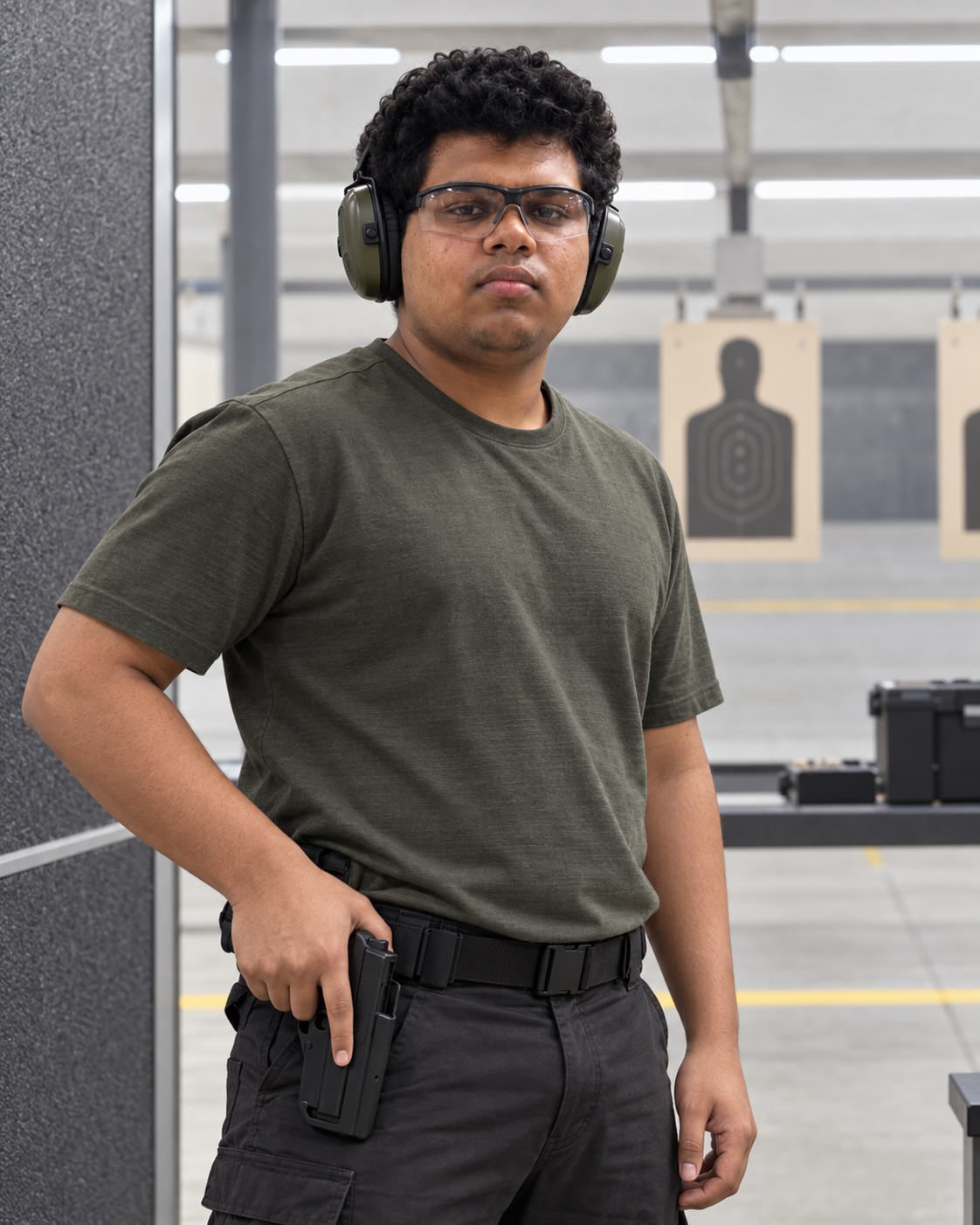 Conceptual portrait of competitive pistol shooter Yethikrishna R at a generic sport-shooting range.